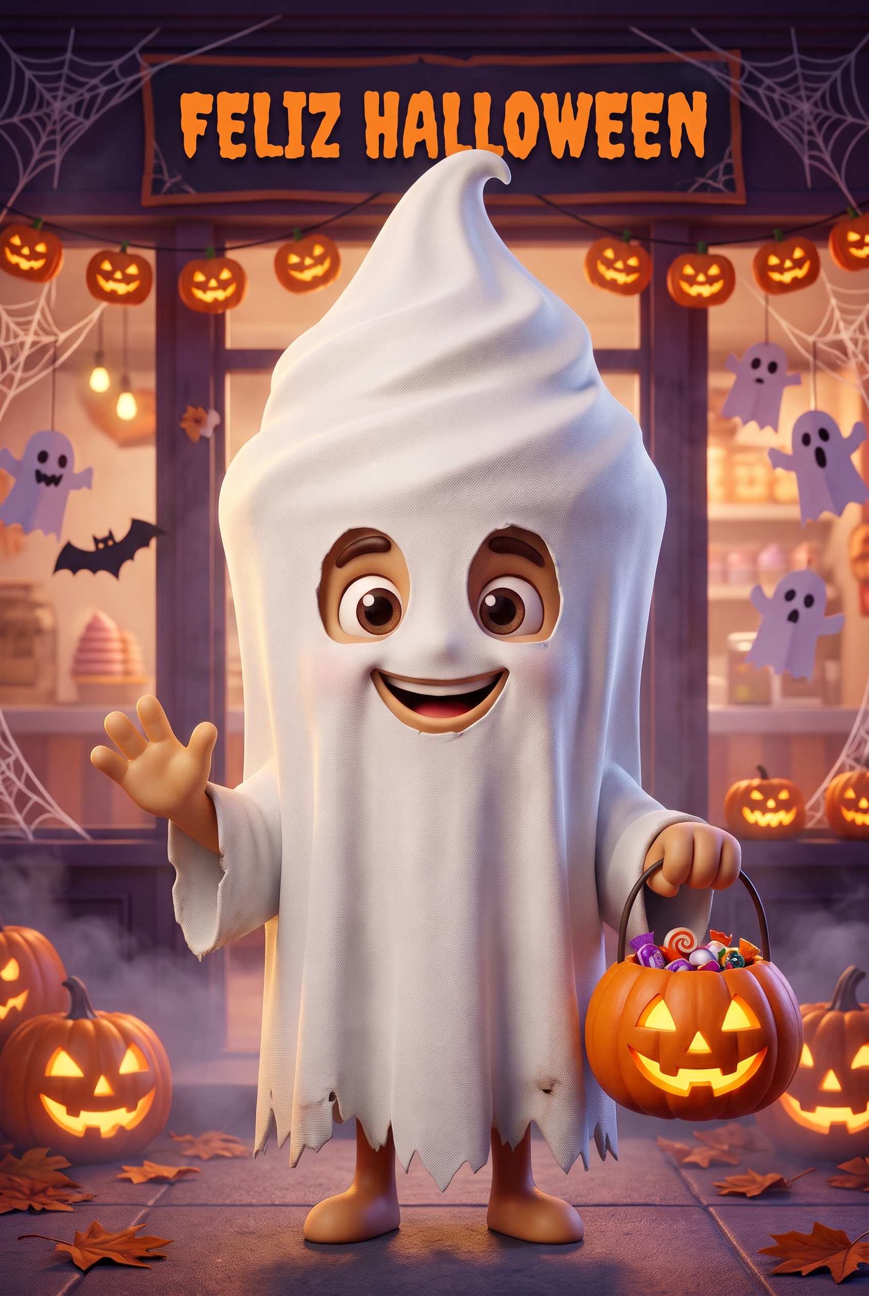 Coki disfrazado de fantasma con una canasta de calabaza llena de dulces