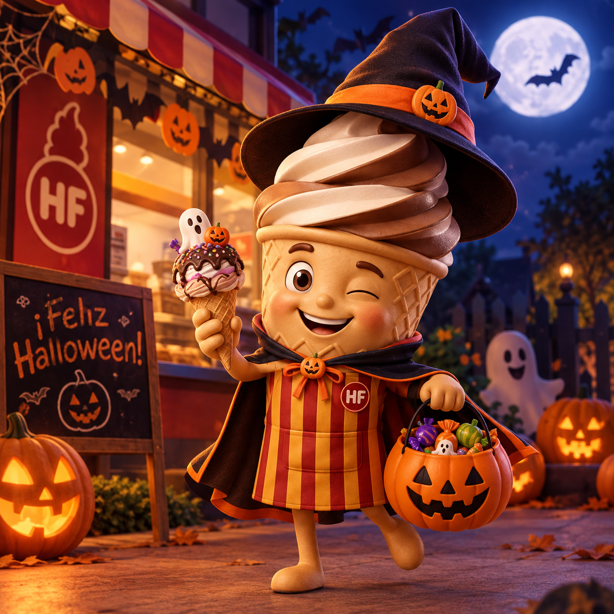 Coki vestido de brujo con capa y sombrero, sosteniendo un helado y una calabaza con dulces frente a la heladería